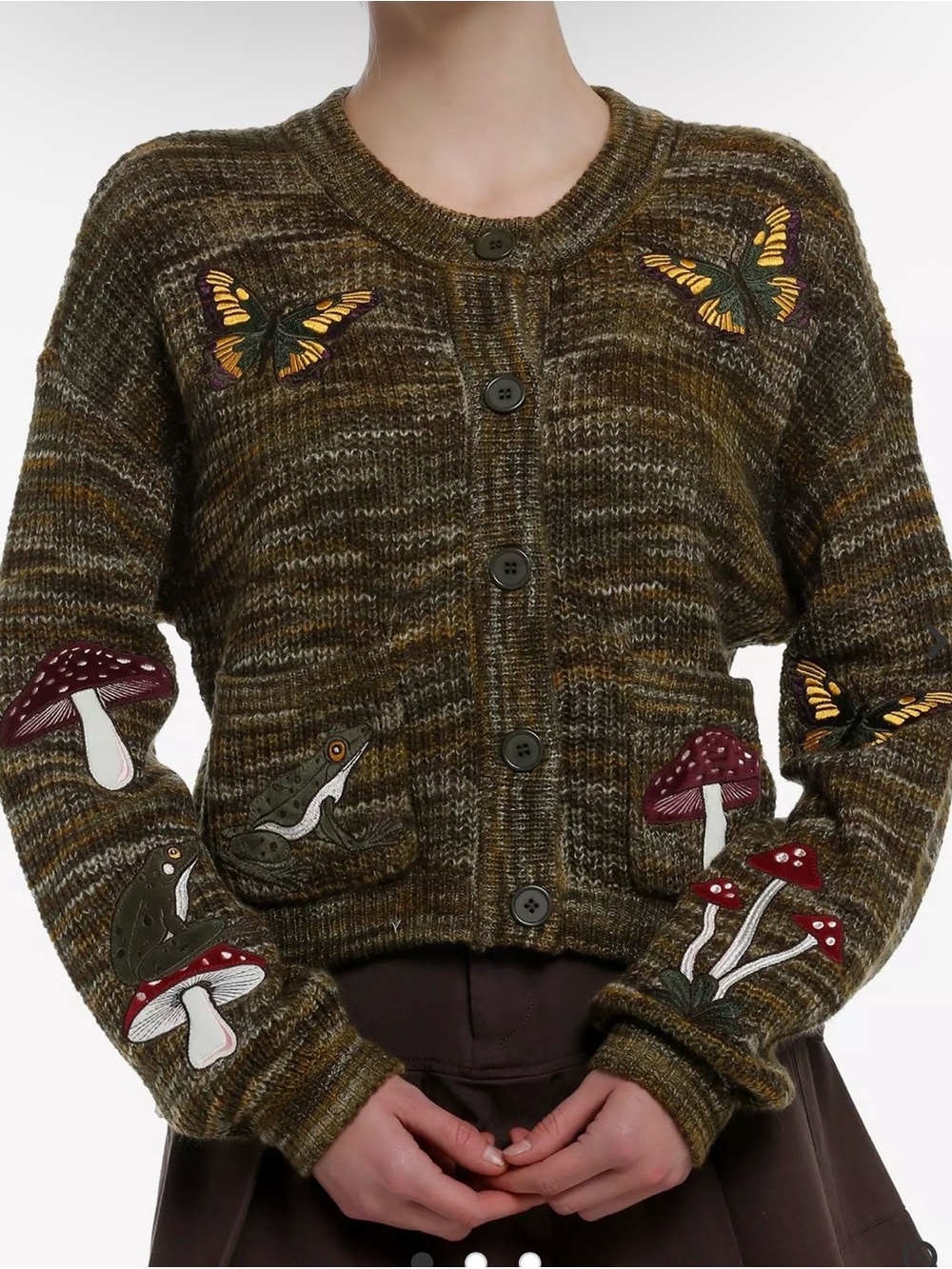 Hot Topic Thorn & Fable Mushroom & Critter Patches Marled Girls Cardigan sz M